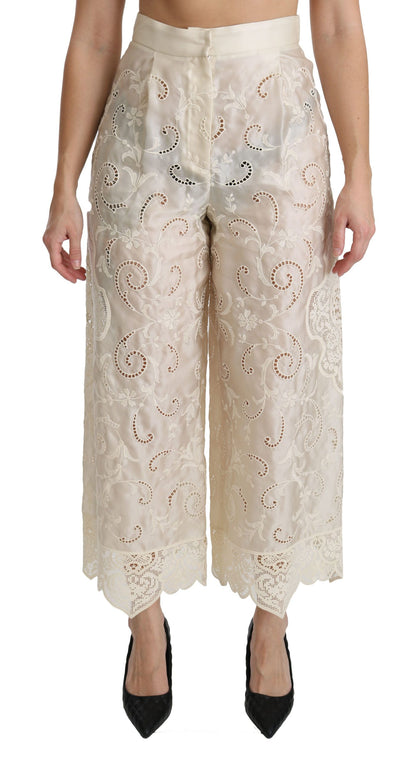 Dolce & Gabbana Cream Lace High Waist Palazzo Cropped Pants