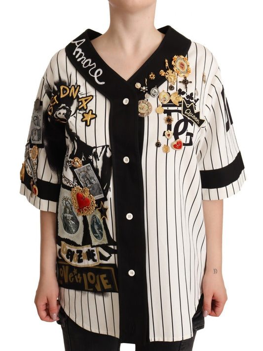 Dolce & Gabbana White Cotton Crystal Charms Amore Shirt