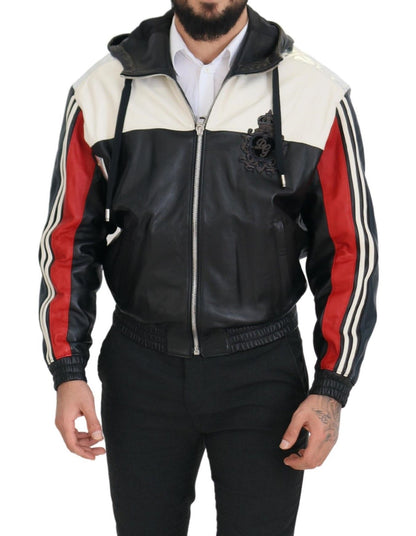 Dolce & Gabbana Black Leather Hooded Blouson Coat Jacket