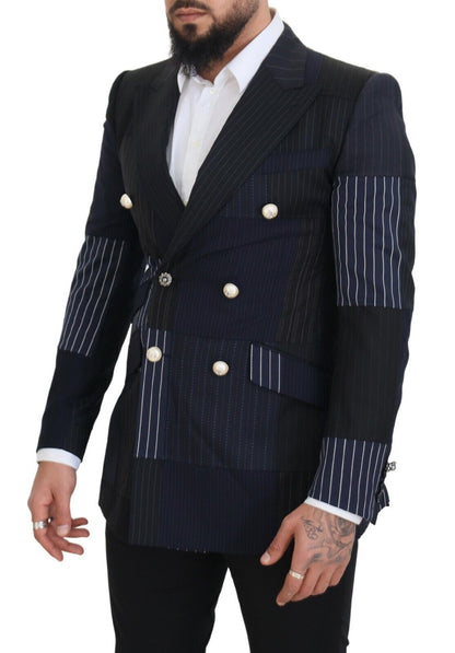 Dolce & Gabbana Blue Wool Patchwork Double Breasted Blazer