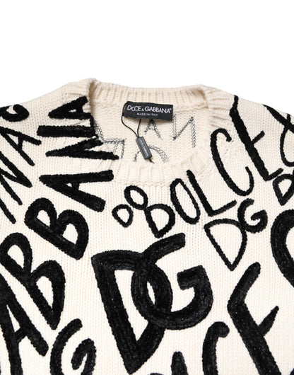 Dolce & Gabbana White Black Logo Print Women Pullover Sweater