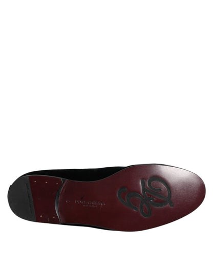 Dolce & Gabbana Black Velvet Embellished Loafer Slip On Shoes