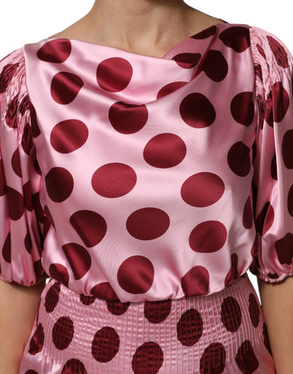Dolce & Gabbana Pink Red Polka Dot Silk Satin Maxi Gown Dress